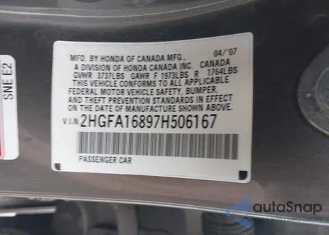 2007 Honda Civic Ex из США, поврежденный, VIN 2HGFA16897H506167